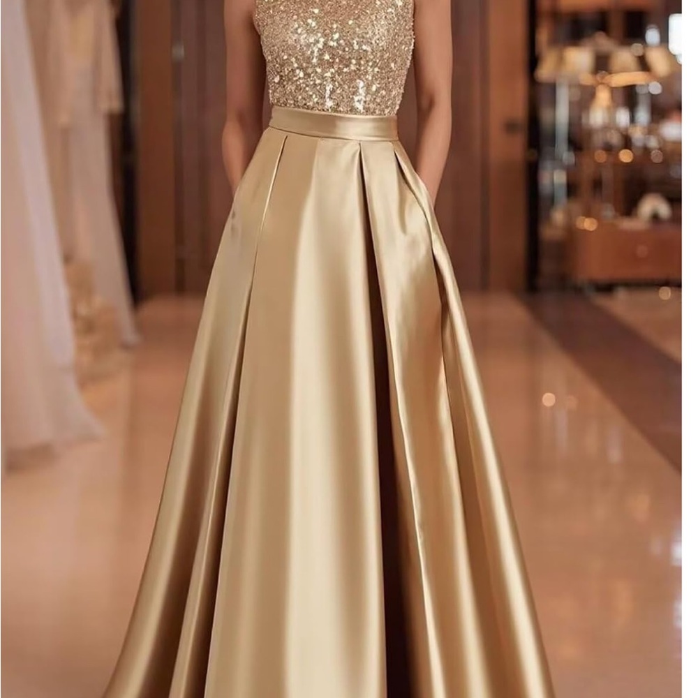 Elegant Gold Sequin Bodice Evening One Piece Gown-NEW NEVER WORN